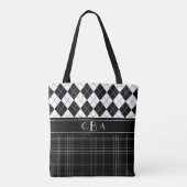 Schwarz-Weiß-Raute und Tartan Mit Monogramm Tasche (Rückseite)