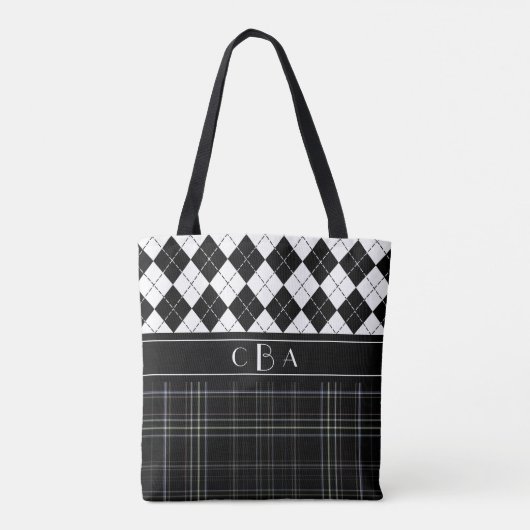 Schwarz-Weiß-Raute und Tartan Mit Monogramm Tasche (Rückseite)