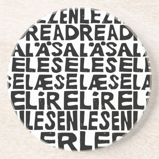 Schwarz-Weiß "Read" in 8 Sprachen Lino Cut Getränkeuntersetzer (Vorne)