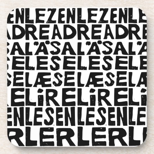 Schwarz-Weiß "Read" in 8 Sprachen Lino Cut Getränkeuntersetzer (Vorderseite)