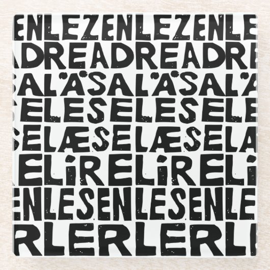 Schwarz-Weiß "Read" in 8 Sprachen Lino Cut Glasuntersetzer (Vorderseite)