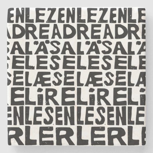 Schwarz-Weiß "Read" in 8 Sprachen Lino Cut Steinuntersetzer (Vorderseite)