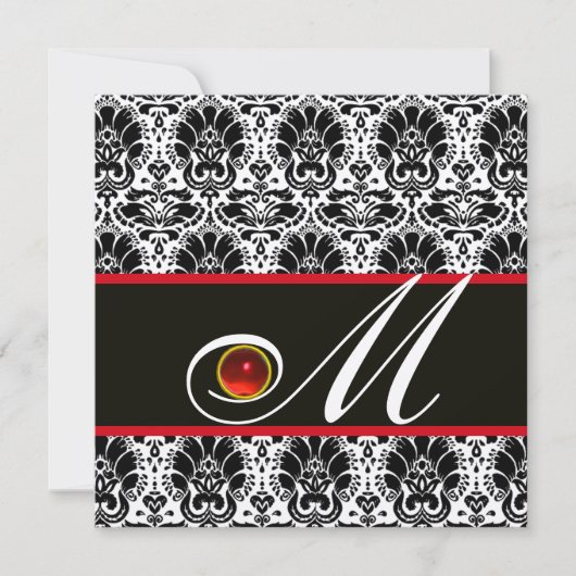 SCHWARZ-WEISS RED CHAMPAGNE DAMASK MONOGRAM Ruby Einladung (Vorderseite)