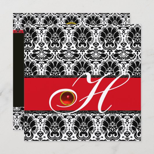 SCHWARZ-WEISS RED CHAMPAGNE DAMASK MONOGRAM Ruby Einladung (Vorne/Hinten)