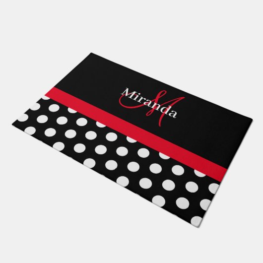 Schwarz-weiß Red Monogram Script Polk Fußmatte (Schrägansicht)