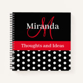 Schwarz-weiß Red Monogram Script Polka Dots Notizblock (Vorderseite)