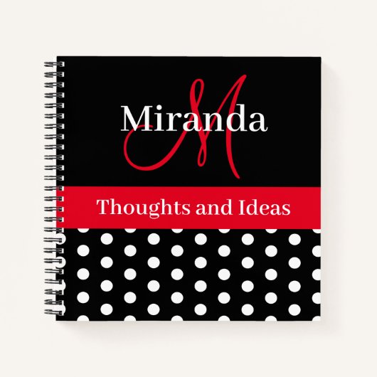 Schwarz-weiß Red Monogram Script Polka Dots Notizblock (Vorderseite)