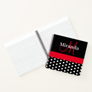 Schwarz-weiß Red Monogram Script Polka Dots Notizblock