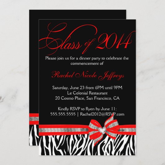Schwarz-weiß Red Zebra 2014 Abschluss Einladung (Vorne/Hinten)