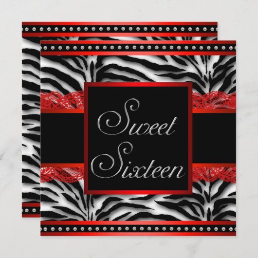 Schwarz-weiß Red Zebra Sweet 16 Party Einladung (Vorne/Hinten)