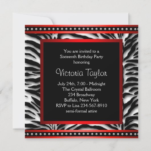 Schwarz-weiß Red Zebra Sweet 16 Party Einladung (Rückseite)