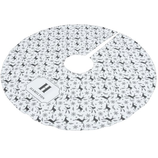 Schwarz-Weiß-Rentier-Muster Monogram-Tree-Rock Polyester Weihnachtsbaumdecke (Schrägansicht)