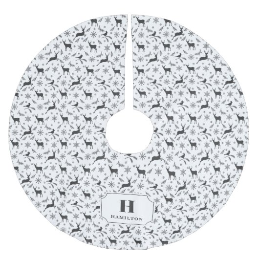 Schwarz-Weiß-Rentier-Muster Monogram-Tree-Rock Polyester Weihnachtsbaumdecke (Vorderseite)