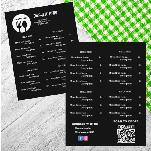 Schwarz, Weiß Restaurant Abholmenü mit QR-Code Flyer