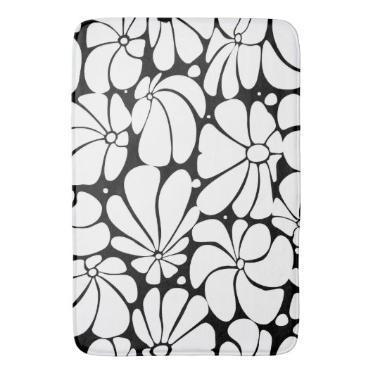 Schwarz-Weiß-Retro-70er-Blume Grafikdesign Badematte (Vorderseite Vertikal)