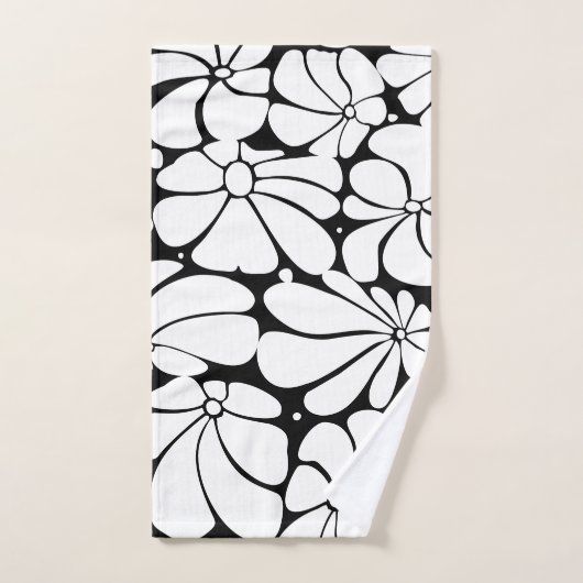 Schwarz-Weiß-Retro-70er-Blume Grafikdesign Badhandtuch Set (Handtuch)