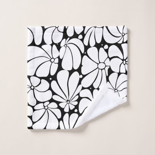 Schwarz-Weiß-Retro-70er-Blume Grafikdesign Badhandtuch Set (Waschlappen)