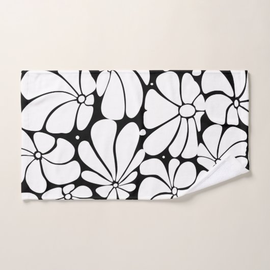 Schwarz-Weiß-Retro-70er-Blume Grafikdesign Badhandtuch Set (Handtuch)