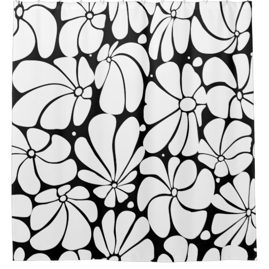 Schwarz-Weiß-Retro-70er-Blume Grafikdesign Duschvorhang (Vorderseite)
