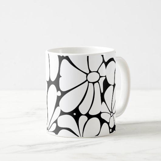 Schwarz-Weiß-Retro-70er-Blume Grafikdesign Kaffeetasse (VorderseiteRechts)