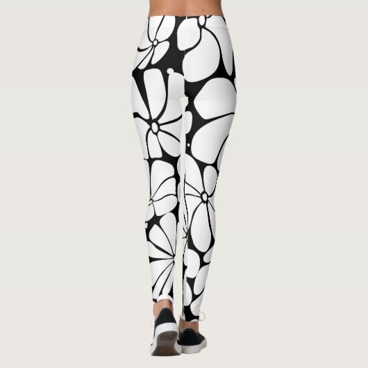 Schwarz-Weiß-Retro-70er-Blume Grafikdesign Leggings (Rückseite)