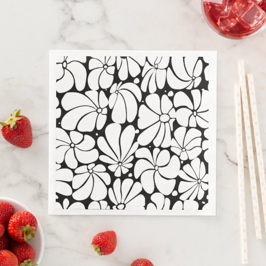 Schwarz-Weiß-Retro-70er-Blume Grafikdesign Serviette (Beispiel)