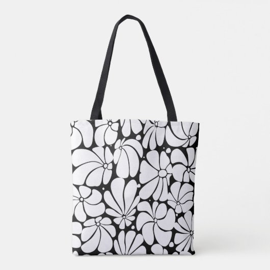 Schwarz-Weiß-Retro-70er-Blume Grafikdesign Tasche (Rückseite)