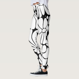 Schwarz-Weiß-Retro-70er-Blumen-Grafikdesign Leggings