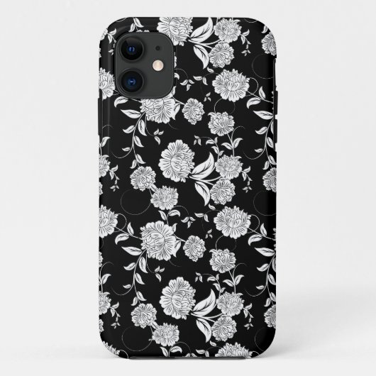 Schwarz-Weiß-Retro-Blume-Muster Case-Mate iPhone Hülle (Rückseite)