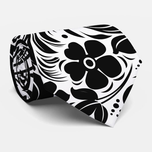 Schwarz-Weiß-Retro-Blume und Blattmuster Krawatte (Gerollt)