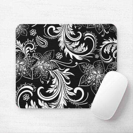 Schwarz-Weiß-Retro-Blume und Wirbel-Design Mousepad (Mit Mouse)