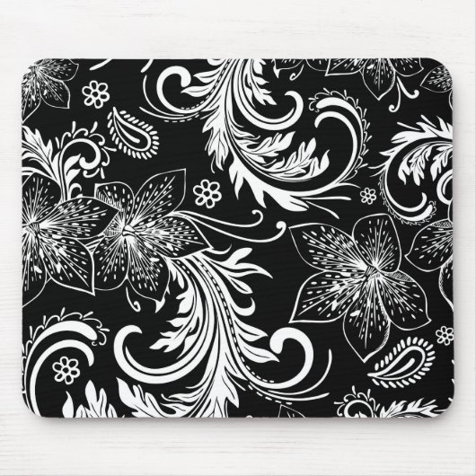 Schwarz-Weiß-Retro-Blume und Wirbel-Design Mousepad (Vorne)