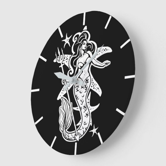 Schwarz-Weiß-Retro-Button-Up-Meerjungfrau Große Wanduhr (Winkel)
