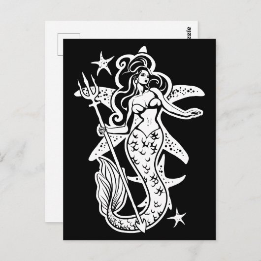 Schwarz-Weiß-Retro-Button-Up-Meerjungfrau Postkarte (Vorne/Hinten)