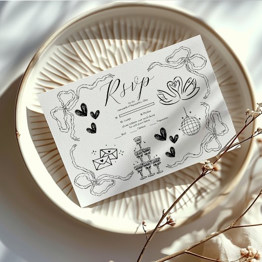 Schwarz-Weiß Retro Doodle Art Hochzeit RSVP Karte