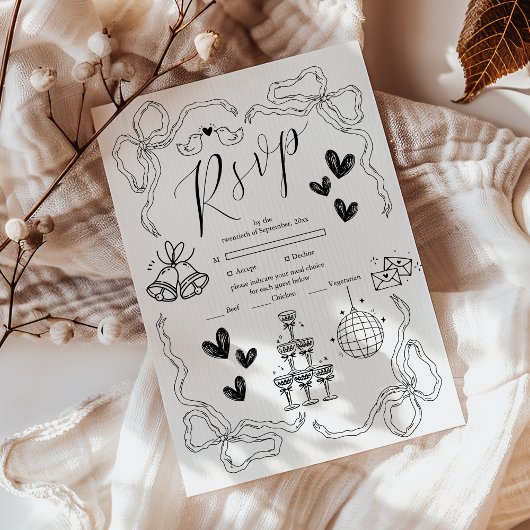 Schwarz-Weiß Retro Doodle Art Hochzeit RSVP Karte