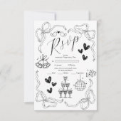 Schwarz-Weiß Retro Doodle Art Hochzeit RSVP Karte (Vorderseite)