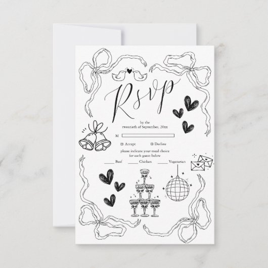 Schwarz-Weiß Retro Doodle Art Hochzeit RSVP Karte (Vorderseite)