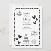 Schwarz-Weiß Retro Doodle Art Hochzeit Save The Date (Vorderseite)