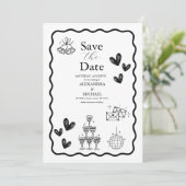 Schwarz-Weiß Retro Doodle Art Hochzeit Save The Date (Stehend Vorderseite)