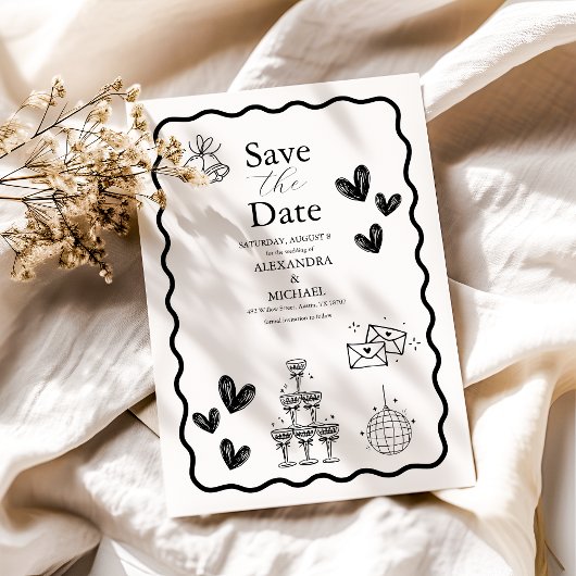 Schwarz-Weiß Retro Doodle Art Hochzeit Save The Date