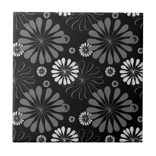 Schwarz-Weiß-Retro-Floral Fliese (Vorderseite)