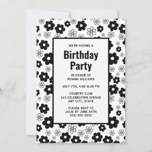 Schwarz-Weiß Retro Floral Geburtstag Einladung