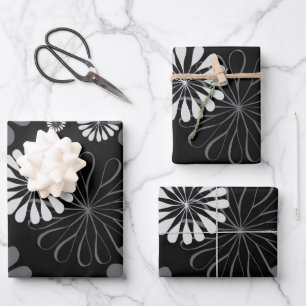 Schwarz-Weiß-Retro-Floral Geschenkpapier Set