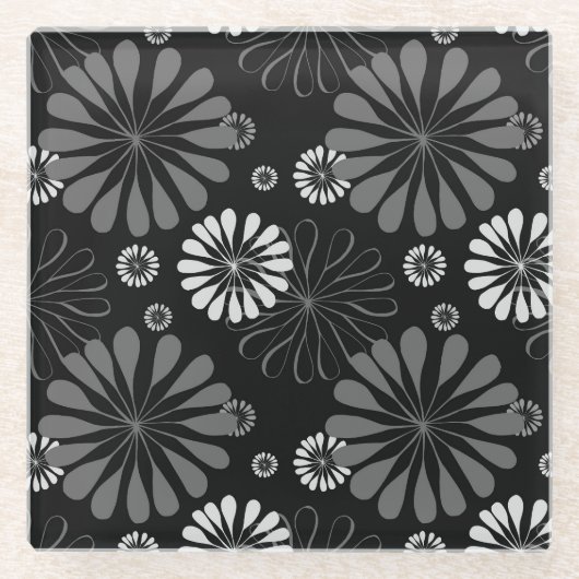 Schwarz-Weiß-Retro-Floral Glasuntersetzer (Vorderseite)