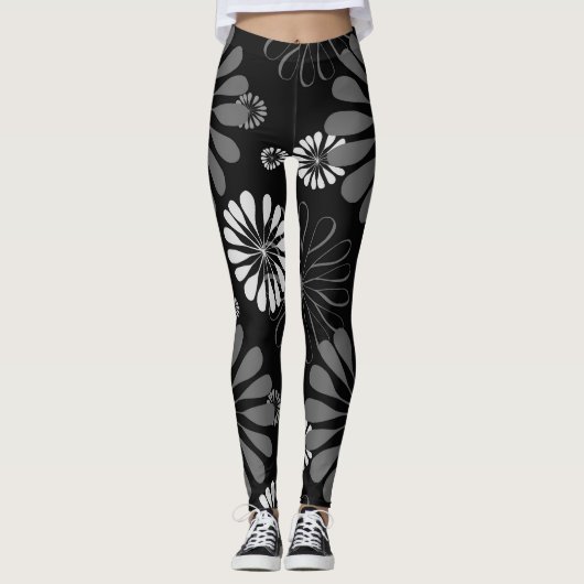 Schwarz-Weiß-Retro-Floral Leggings (Vorderseite)