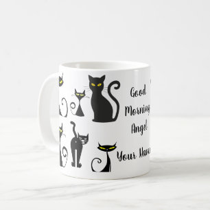 Schwarz-Weiß-Retro-Katzenmuster mit Typografie Kaffeetasse