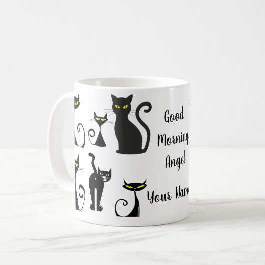 Schwarz-Weiß-Retro-Katzenmuster mit Typografie Kaffeetasse (Vorderseite Links)