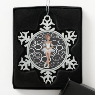 Schwarz-Weiß Retro-Kreise Ballerina stehend Schneeflocken Zinn-Ornament