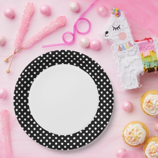 Schwarz-Weiß-Retro-Polka-Punkte Pappteller (Party)